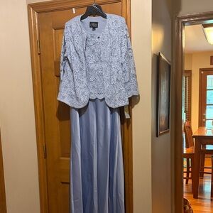 Alex Evenings Hydrangea Lace Jacket and Satin Skirt in Light Blue